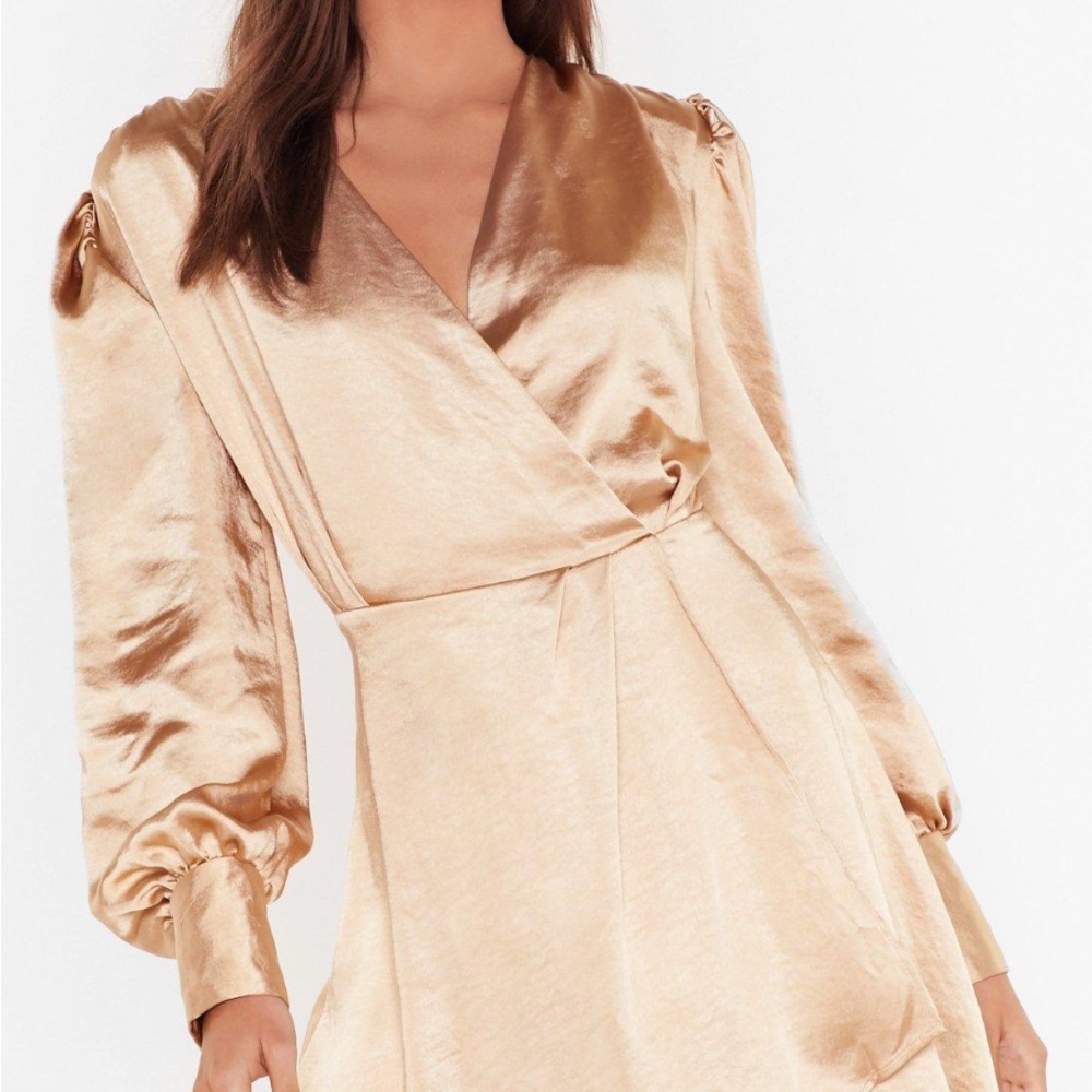 Elegant Gold Satin Wrap Dress